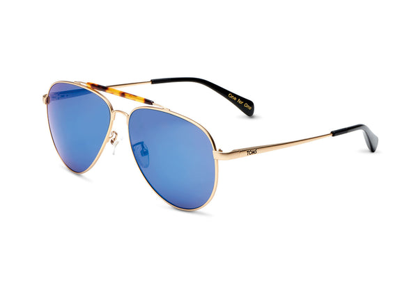 TOMS Maverick 301 Satin Gold Zeiss Sunglasses, Deep Blue Mirror Polarized Lenses